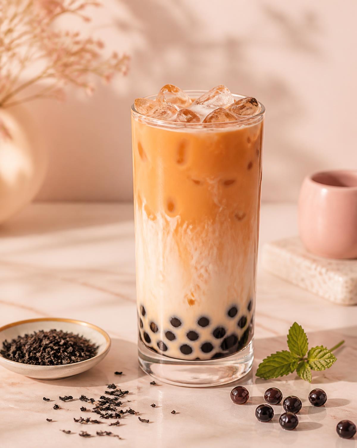 Vietnamese iced milk tea with tapioca pearls on a cream marble table
